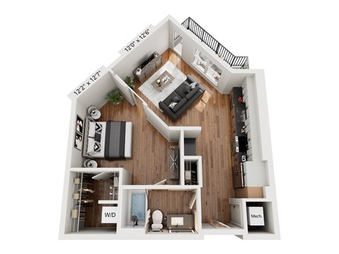 A 3D floor plan of a house with a living room, kitchen, and bathroom.